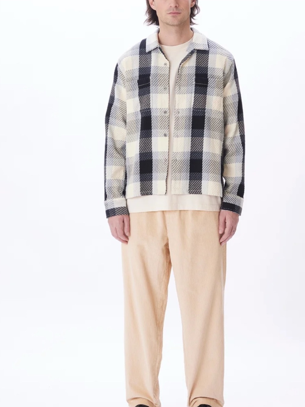 OBEY Bruce Woven Shirt Shacket S Black Cream Plaid 100% Cotton Overshirt Boxy